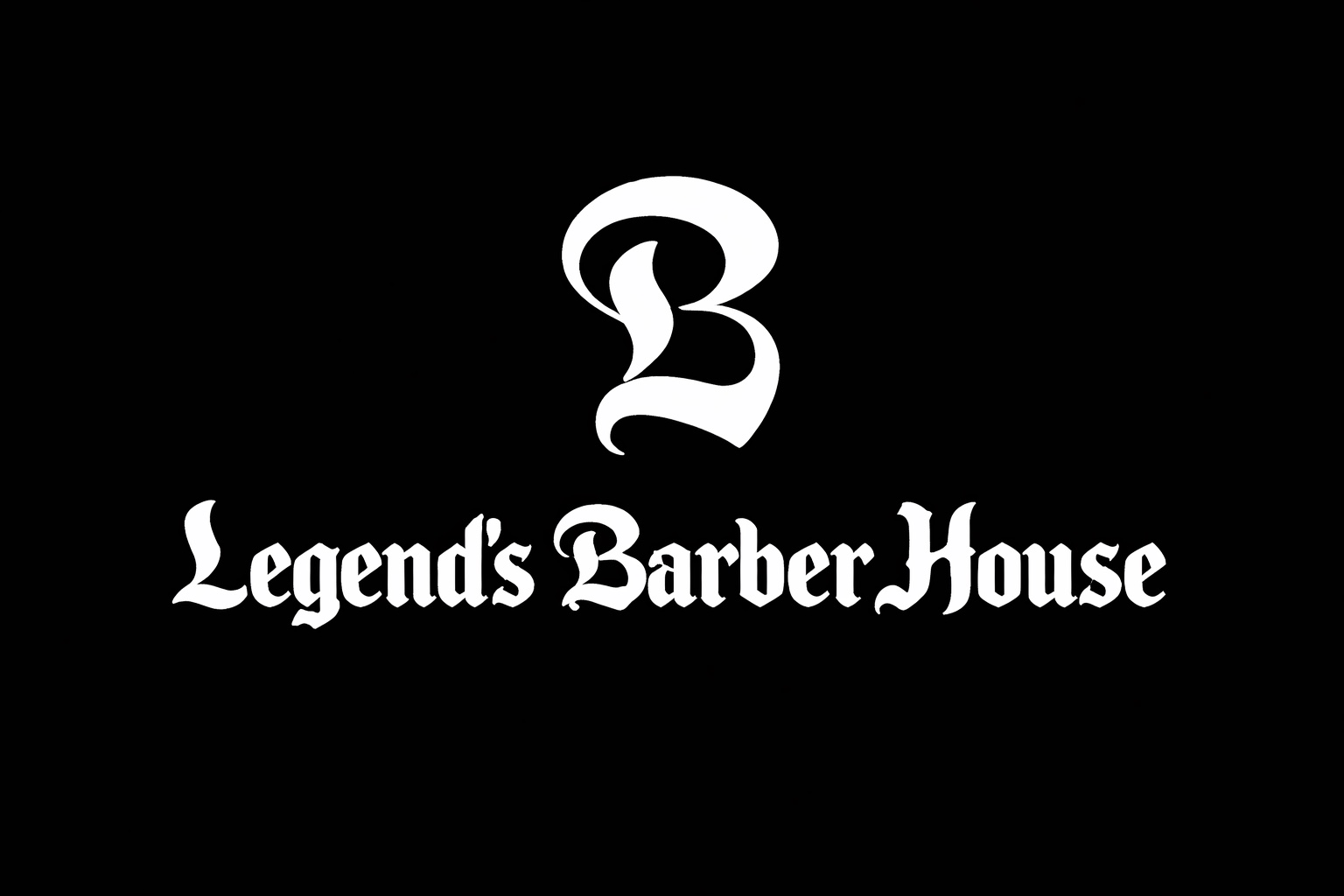 Logotipo de Legend's Barber House: monograma B en blanco y el nombre en letra gótica sobre fondo negro.